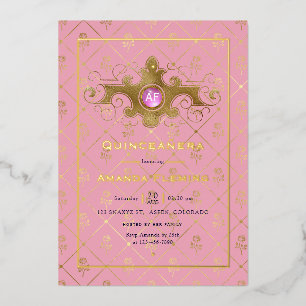 Rosafarbener und goldener Edelstein Quinceañera-Mo Folieneinladung