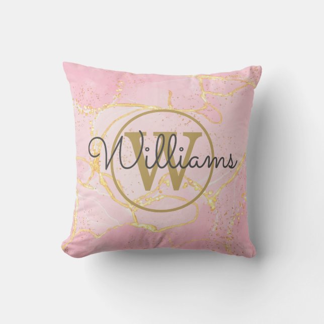 Rosafarbenes Achat-Geoden-Gold-Monogramm-Name Kissen (Vorderseite)