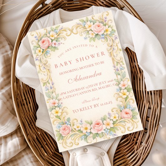 Rosafarbenes Barock-Babyshower im Garten Einladung