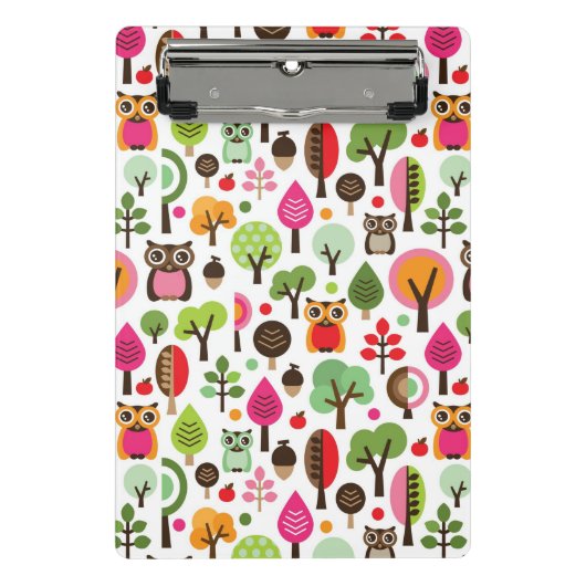 rosafarbenes Blattbaum Retro-Eulen-Muster Mini Klemmbrett (Vorderseite)