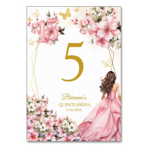 Rosafarbenes Blumen-Gold-Schmetterlinge Quinceañer Tischnummer