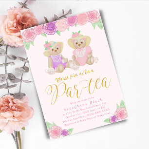 Rosafarbenes Blumen-Teddybär-Tee-Party-Baby-Shower Einladung