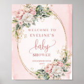 Rosafarbenes Blumeneukalyptus-Willkommens-Babyshow Poster (Vorne)