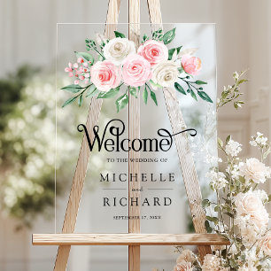 Rosafarbenes Elfenbein Blumen Hochzeits Willkommen Acrylschild