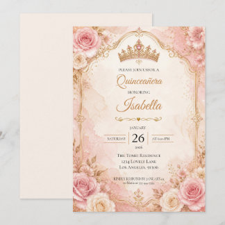 Rosafarbenes Gold Blumen Quinceañera Einladung