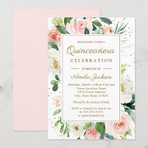 Rosafarbenes Gold Blumen Wasserfarbe Quinceanera Einladung