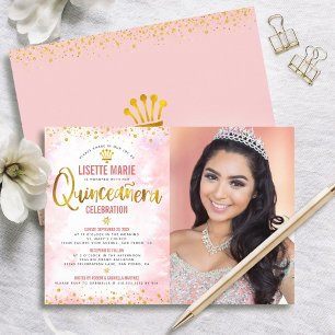 Rosafarbenes Gold-Glitter-Foto-Quinceañera Einladung