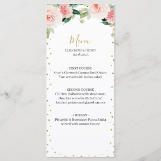Rosafarbenes Gold-Pfingstrosen-Blumen-Hochzeitsmen Menükarte