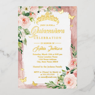 Rosafarbenes Gold Quinceanera Floral Butterfly Folieneinladung