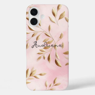 Rosafarbenes Goldblätter Hochzeit iPhone 16 Plus Hülle