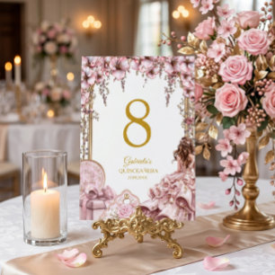 Rosafarbenes Goldenes Diadem Blumen Quinceañera Tischnummer