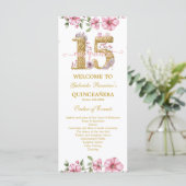 Rosafarbenes Goldenes Mis Quince Quiñceanera Programm (Stehend Vorderseite)
