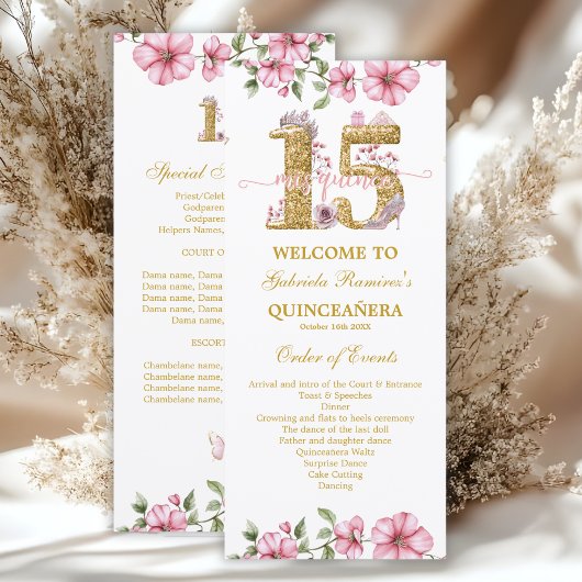 Rosafarbenes Goldenes Mis Quince Quiñceanera Programm