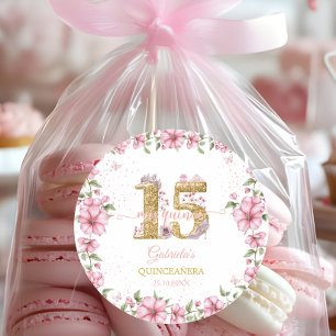 Rosafarbenes Goldenes Mis Quince Quinceañera  Runder Aufkleber