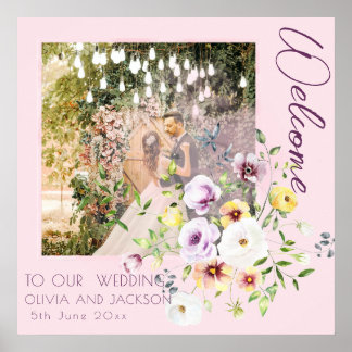Rosafarbenes Lila Lila Blumen Hochzeits-Willkommen Poster