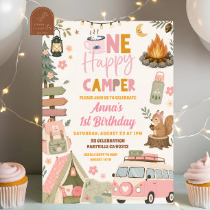 Rosafarbenes Mädchen Ein Glücklicher Camper Geburt Einladung