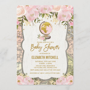 Rosafarbenes Map Baby Shower Einladung Reiseabente