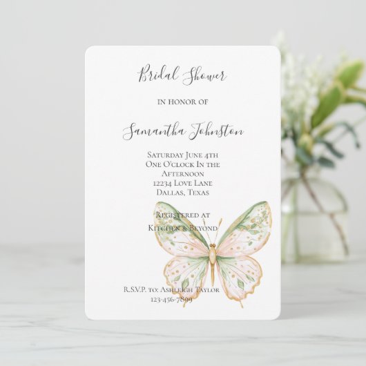 Rosafarbenes Mintgrünes Gold Schmetterling Brautpa Einladung (Stehend Vorderseite)
