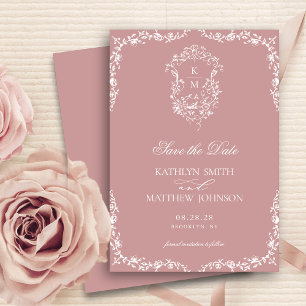 Rosafarbenes Monogramm Vintage-Wappen Hochzeit Save The Date