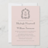 Rosafarbenes Monogrammwappen QR-Code Hochzeit Einladung (Vorderseite)
