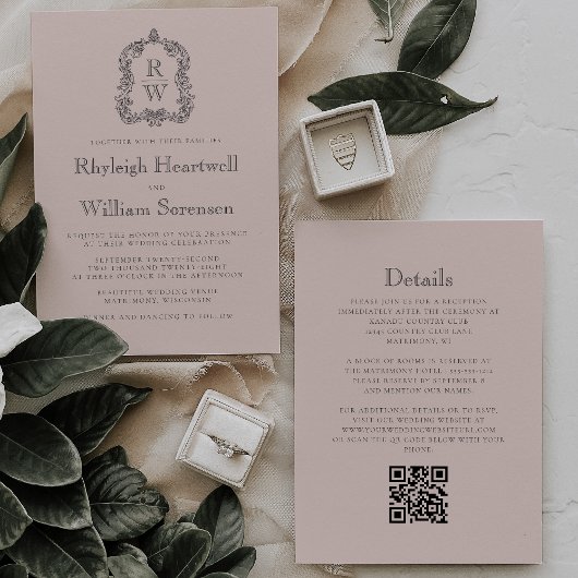 Rosafarbenes Monogrammwappen QR-Code Hochzeit Einladung