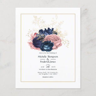 Rosafarbenes, navyblaues und goldenes Blumenhochze Flyer