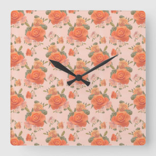 rosafarbenes orange Blumenmuster Hochzeit Frühling Quadratische Wanduhr