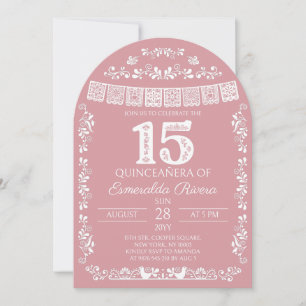 Rosafarbenes Papel Picado Quinceañera 15. Geburtst Einladung