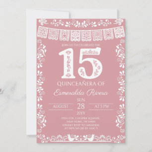 Rosafarbenes Papel-Picado-Quinceañera-15.-Geburtst Einladung