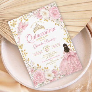 Rosafarbenes Quinceañera-Einladung mit goldenem Sc Einladung