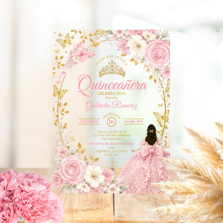 Rosafarbenes Quinceañera Golden Butterfly Einladun Acryleinladungen