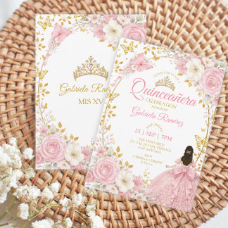 Rosafarbenes Quinceañera Golden Schmetterlinge Einladung