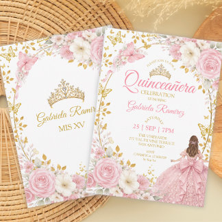 Rosafarbenes Quinceañera Golden Schmetterlinge Einladung