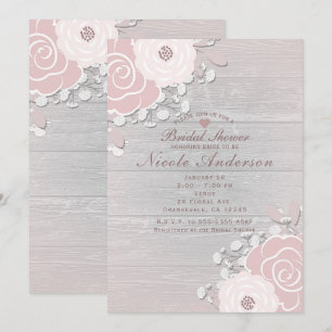 Rosafarbenes Rustikales Florales Blumen- & Holz-Ho Einladung