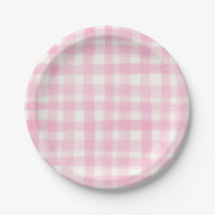Rosafarbenes Rustikales Handgezeichnetes Gingham Pappteller