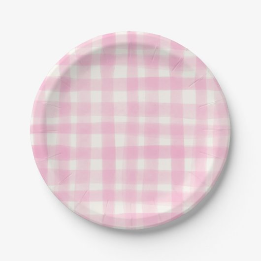 Rosafarbenes Rustikales Handgezeichnetes Gingham Pappteller (Vorderseite)