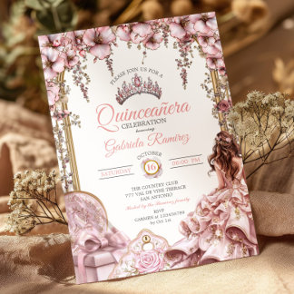 Rosafarbenes Silber-Tiara-Blumen-Quinceañera Einladung