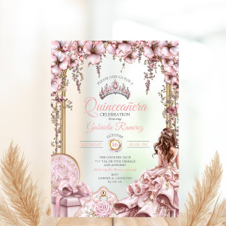 Rosafarbenes Silber-Tiara-Floral-Quinceañera Acryleinladungen