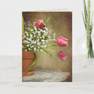 rosafarbenes Tulpenbouquet auf einer Spitze-Häkeld Karte