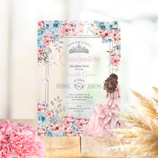 Rosafarbenes und blaues Diadem Blumen Quinceañera Acryleinladungen
