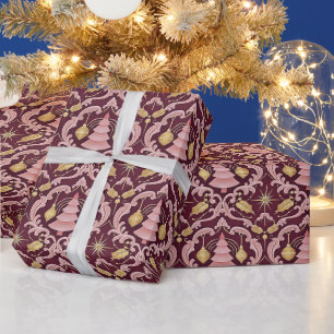 Rosafarbenes und Burgunderrotes Barock-Weihnachtsm Geschenkpapier