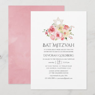 Rosafarbenes und gelbes florales Bat-Mizwa-Event Einladung