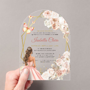 Rosafarbenes und goldenes florales Prinzessin-Quin Acryleinladungen