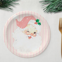 Rosafarbenes Vintage-Zwinkernder-Weihnachtsmann-We Pappteller