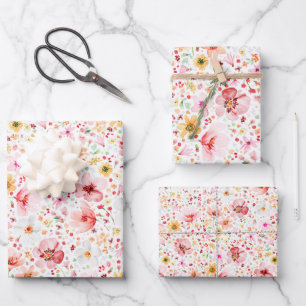 Rosafarbenes Wiesen-Wildblumen Boho Elegant Geschenkpapier Set