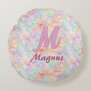 rosane blaue Wasserfarbe Pastell Monogramm Name Bu Rundes Kissen
