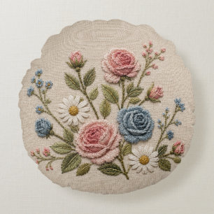 Rosarot und blau bestickte Rosen Rundes Kissen
