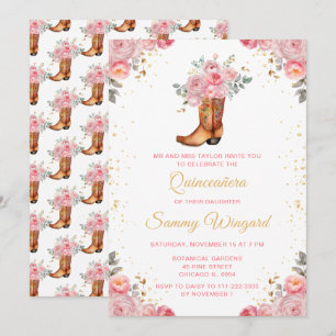 Rosarot und goldene florale Cowboystiefel Quinceañ Einladung
