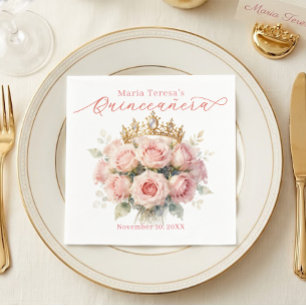 Rosarot-Wasserfarben-Rosen-Gold-Tiara-Quinceañera Serviette