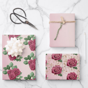 Rosarote Burgundergoldene Rosen Hochzeitsblätter Geschenkpapier Set